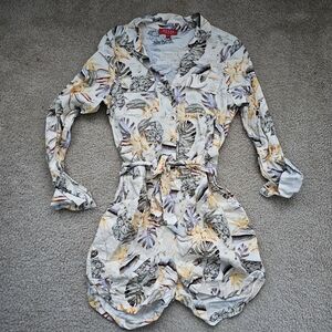 🦄 Guess romper jumpsuit tropical plants flax linen blend belted beige medium